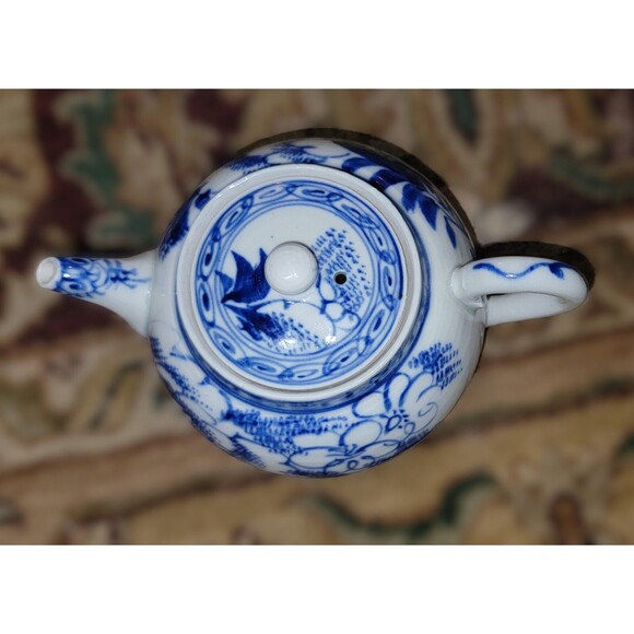 Japanese Meiji Teapot VTG Hand Painted, Sometsuke Blue & White, w Strainer - Picture 2 of 15